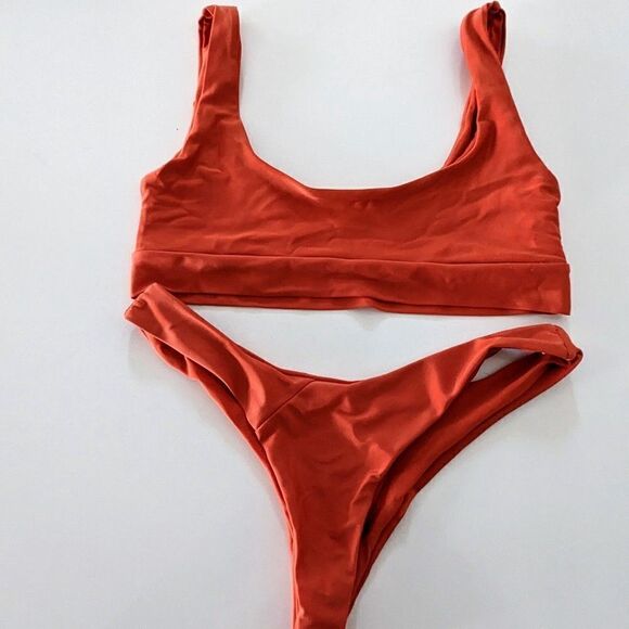 Women's Zaful Bikini Set Burnt Orange Scoop Neck High Waisted Cheeky Large GUC - Picture 7 of 8